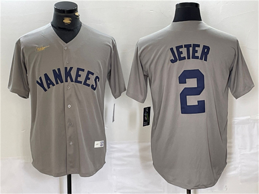 Men's Grey New York Yankees #2 Derek Jeter Cool Base Stitched Baseball Jersey